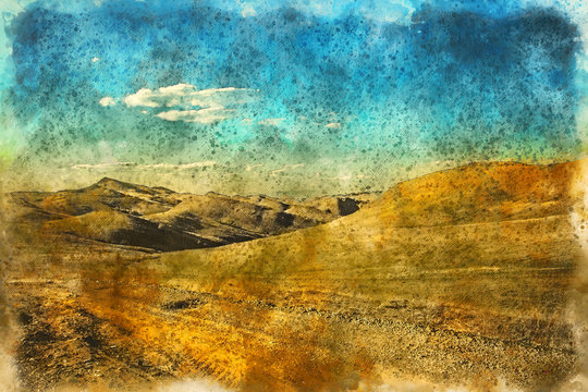Orange desert and blue sky Landscape, Georgia. Painting watercolor., Georgia. Painting watercolor.
