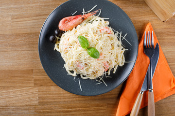 Overhead view of delicious pasta with shrimp