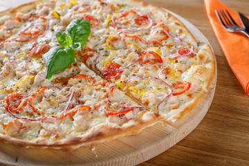 Close-up view of piece of pizza