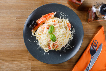 Overhead view of delicious pasta with crab meat
