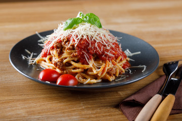 Delicious pasta with tomato and meat