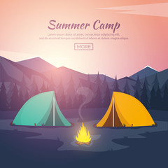 Summer camp. Evening Camp, Pine forest and rocky mountains. Sunset in the mountains. Climbing, Trekking, Hiking, Walking. Campfire. Nature landscape.