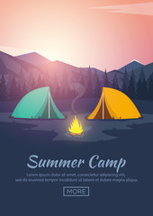 Summer camp. Evening Camp, Pine forest and rocky mountains. Sunset in the mountains. Climbing, Trekking, Hiking, Walking. Campfire. Nature landscape.
