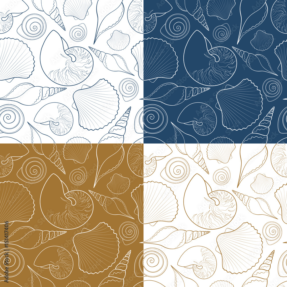 Poster set of vector summer seamless patterns with sea shells