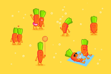 Cheerful cartoon carrots resting on the sand. Carrots inflates soap bubbles, tans