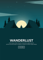 Summer camp. Night Camping. Campfire. Pine forest and rocky mountains. Starry night and moonlight. Nature landscape.