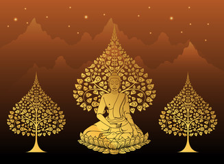 Buddha and Bodhi tree gold color of thai tradition,vesak day - 151419643