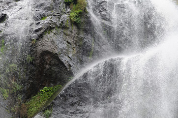 .Waterfall flowing stream is beautiful foam. Traverse the rocks and roots in the woods, good air...