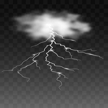 Realistic vector lightning on checkered background. Bright, electric lightning.