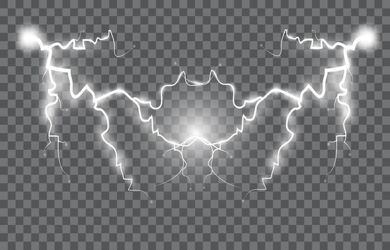 Realistic vector lightning on checkered background. Bright, electric lightning.