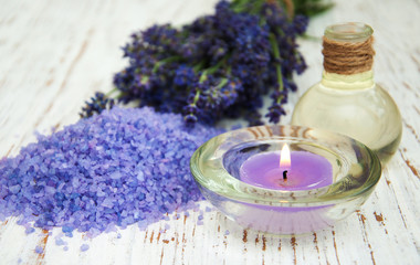 Fototapeta na wymiar Lavender, sea salt and candle