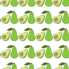 Avocado seamless pattern in color. Whole avocado, sliced pieces, half, leaf and seed sketch. Vintage hand drawn sketch illustration. Linear graphic, line art.