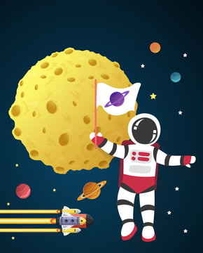Astronaut cartoon on the moon with a spaceship in space,vector