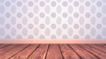 Empty living room with Easter eggs pattern wallpaper, golden skirting board and wooden floor. 3d render picture.