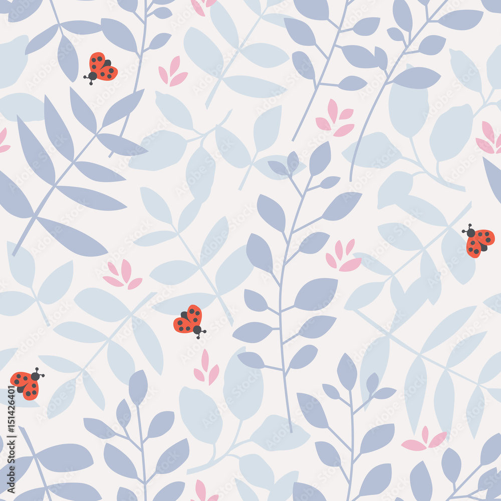 Poster seamless pattern with different leaves and ladybugs
