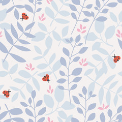 seamless pattern with different leaves and ladybugs - 151426401