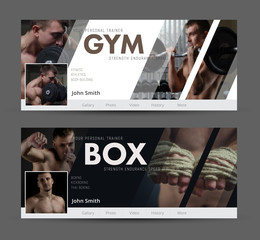 Universal Advertising template  banner for social networks with diagonal elements for the image of the gym, sports - obrazy, fototapety, plakaty