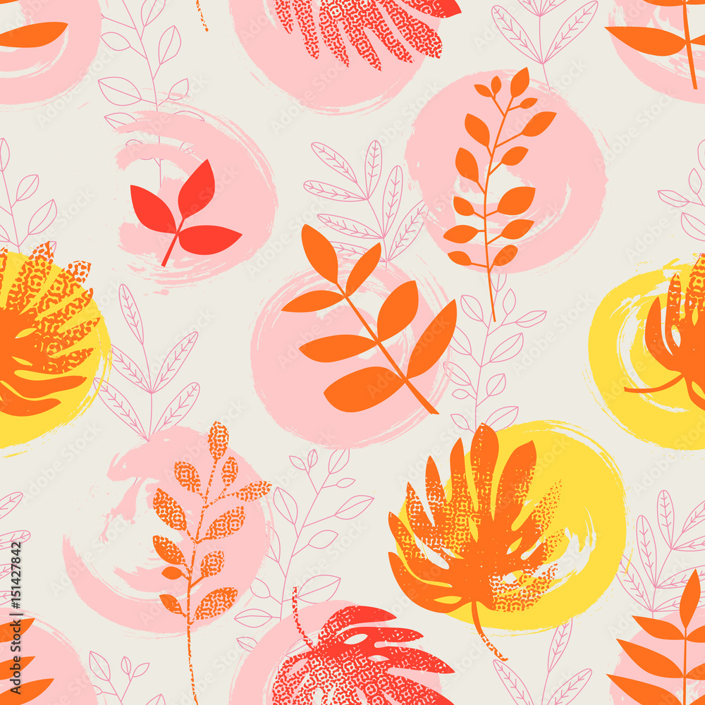 Poster seamless pattern with hand drawn circles and leaves