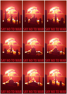 Nuclear Explosion in the city. Say no to war. Set of the Cartoon Retro poster. Vector illustration.