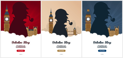 Set of Sherlock Holmes posters. Detective illustration. Illustration with Sherlock Holmes. Baker street 221B. London. Big Ban.