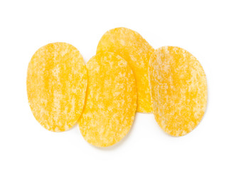 yellow potato chips isolated on white