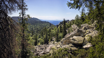 Panoramic view of the mountains and cliffs, South Ural. Summer in the mountains.