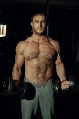 Fototapeta na wymiar Bodybuilder with bare torso lifting dumbbells, doing biceps exercises in the gym