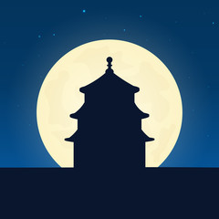 China silhouette of attraction. Travel banner with moon on the night background. Trip to country. Travelling illustration.