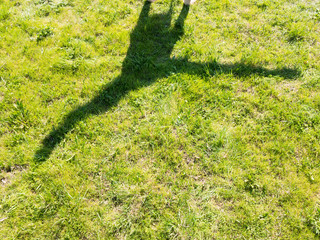 The shadow of a young girl doing a cartwheel against green grass on a sunny day.