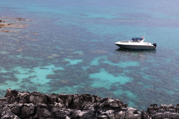 Coral reefs with speed boat in the sea.  