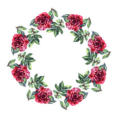 Rose flower wreath. Floral circle border. Watercolor on white background