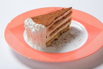 a piece of tiramisu topping with cocoa powder