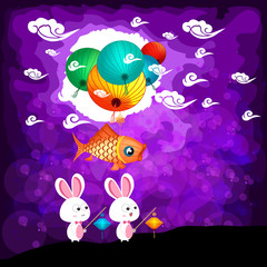 Mid Autumn Festival background with rabbit playing lanterns