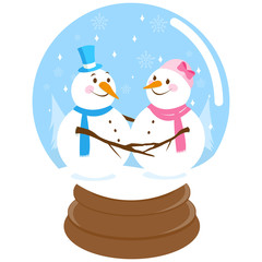 Cute snowmen inside a snow globe. Vector illustration