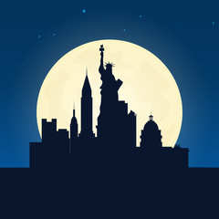 Usa silhouette of attraction. Travel banner with moon on the night background. Trip to country. Travelling illustration.