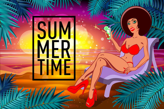 The black girl with a cocktail on a beach. vector summer time lettering and Woman on of the Sea Beach and Takes Sunbath. Bikini gir. pinup vintage poster