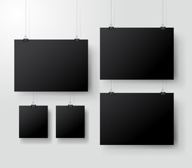 Black poster hanging on binder. Grey wall with mock up empty paper blank. Layout mockup. Vertical and horizontal template sheet. Vector illustration