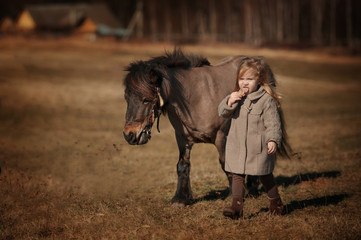 Portrait of little girl with her pony. Blonde, farm, jockey. Sunny backlight