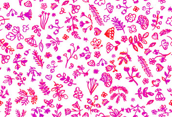 Hand drawn seamless pattern (tiling) with watercolor leaves, flowers, and branches. Isolated objects on a white background. Floral clip art