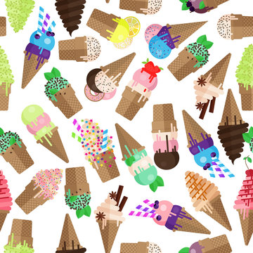 Ice cream cone seamless pattern. Flake and scoops of ice cream background. Endless ice cream cone and flake pattern