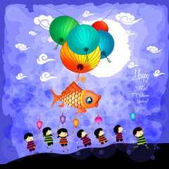 Mid Autumn Festival background with kids playing lanterns