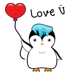 cute penguin with ice on head and red balloon in a heart shape vector illustration cartoon