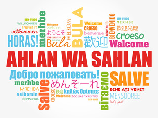 Ahlan Wa Sahlan (Welcome in Arabic) word cloud in different languages, conceptual background