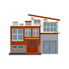 Modern detailed house or villa front view. Contemporary real estate vector illustration. Residential building exterior isolated on white background.