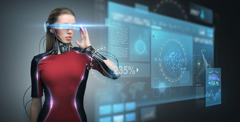 woman in virtual reality glasses and microchip