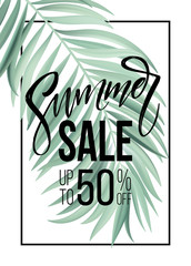 Sale banner, poster with palm leaves, jungle leaf and handwriting lettering. Floral tropical summer background. Vector illustration