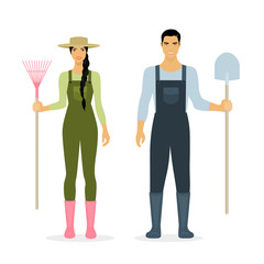 Young gardeners hold tools in their hands. People work in the garden. Man and woman in work clothes. Isolated vector illustration