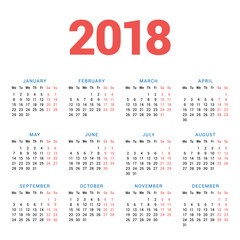 Calendar for 2018 Year on White Background. Week Starts Monday. 4 columns, 3 rows. Simple Vector Template. Stationery Design Template