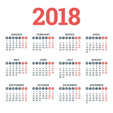 Calendar for 2018 Year on White Background. Week Starts Monday. 4 columns, 3 rows. Simple Vector Template. Stationery Design Template