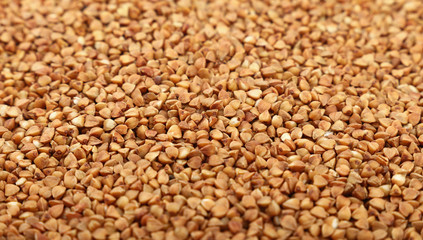 Dried brown buckwheat groats close up background